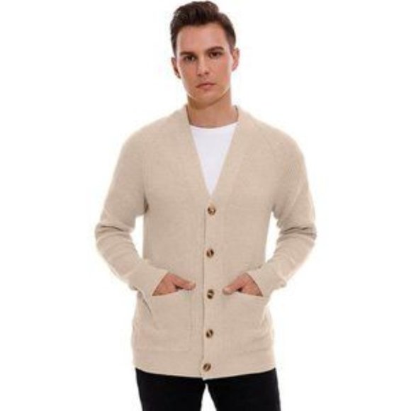 New Men's Cardigan Sweater Soft Cable Knit Beige